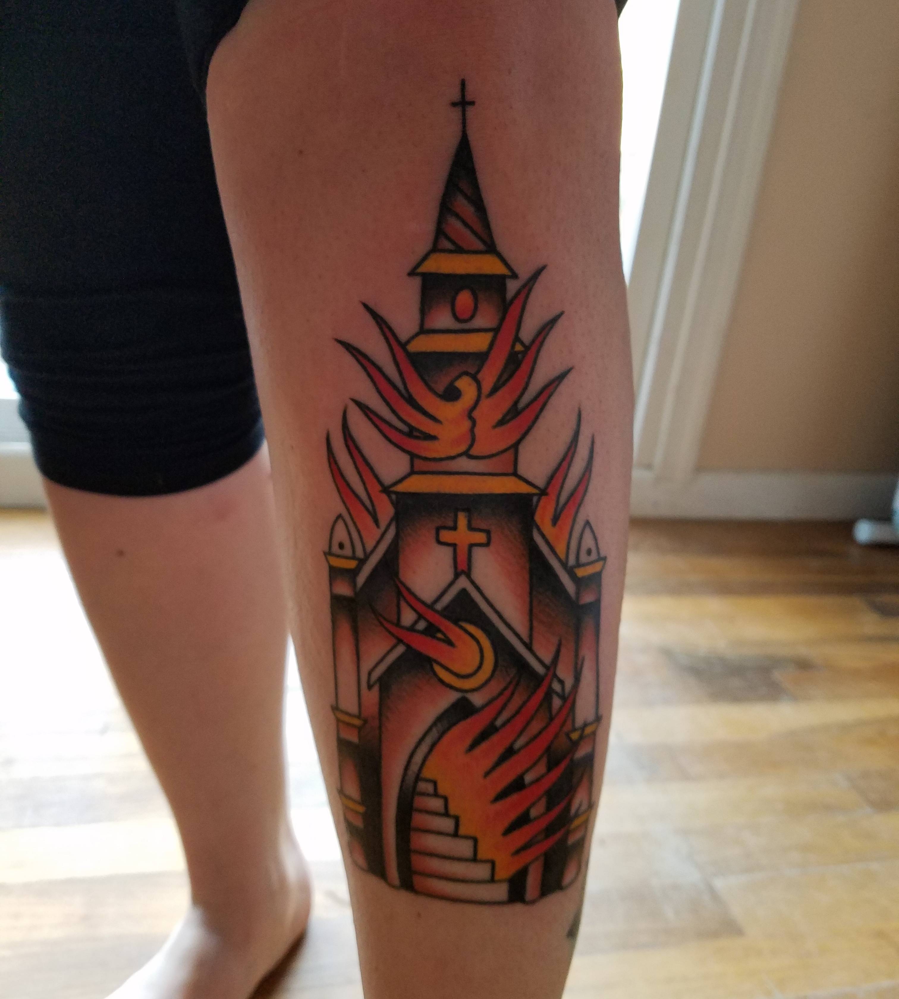 Burning Church done by Justin Hofmeister at Electric Anchor on Market St.  in Parkersburg, WV. : r/tattoo
