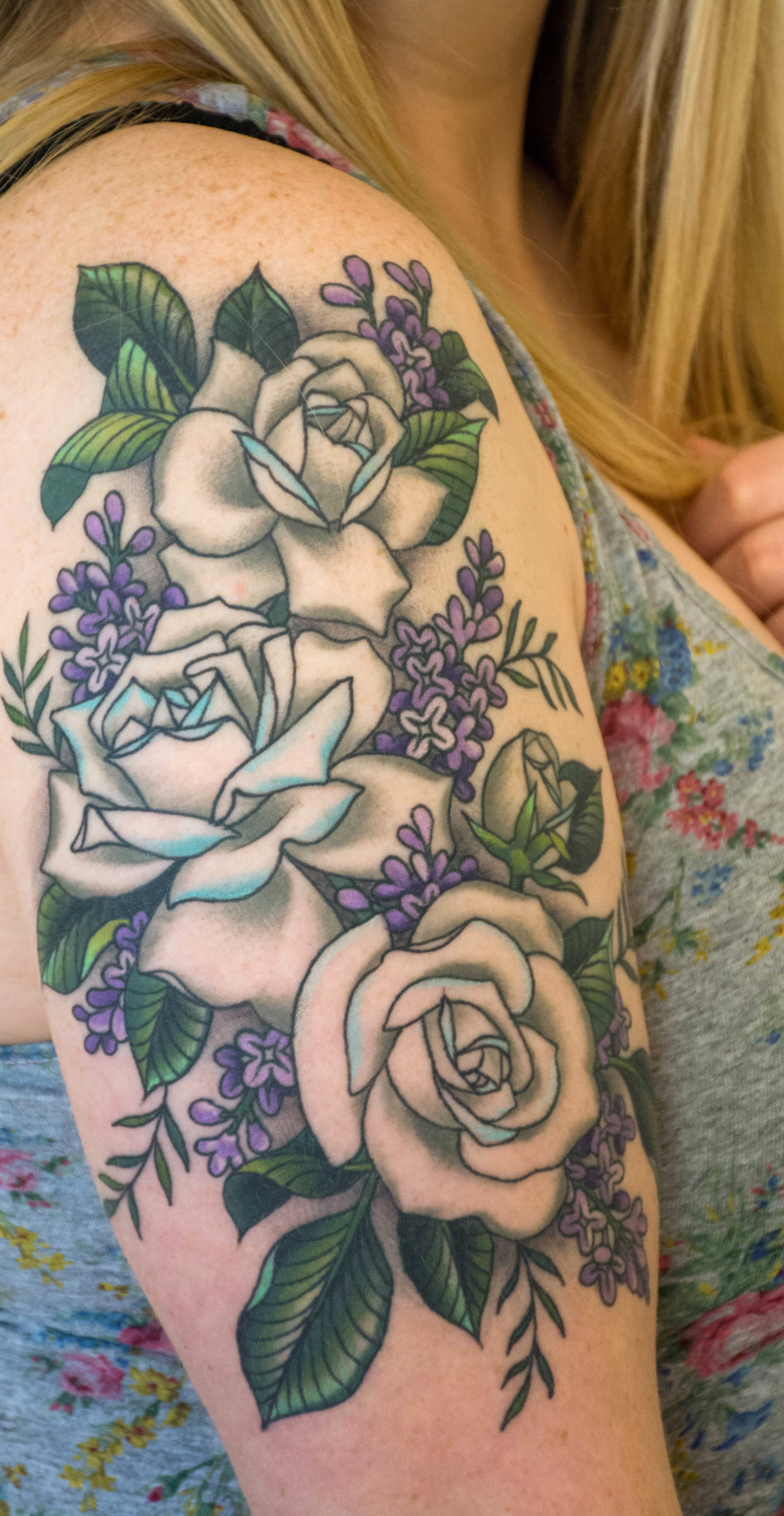 White Roses and Lilacs by Megan Mac Mercy Seat Tattoo Kansas City MO