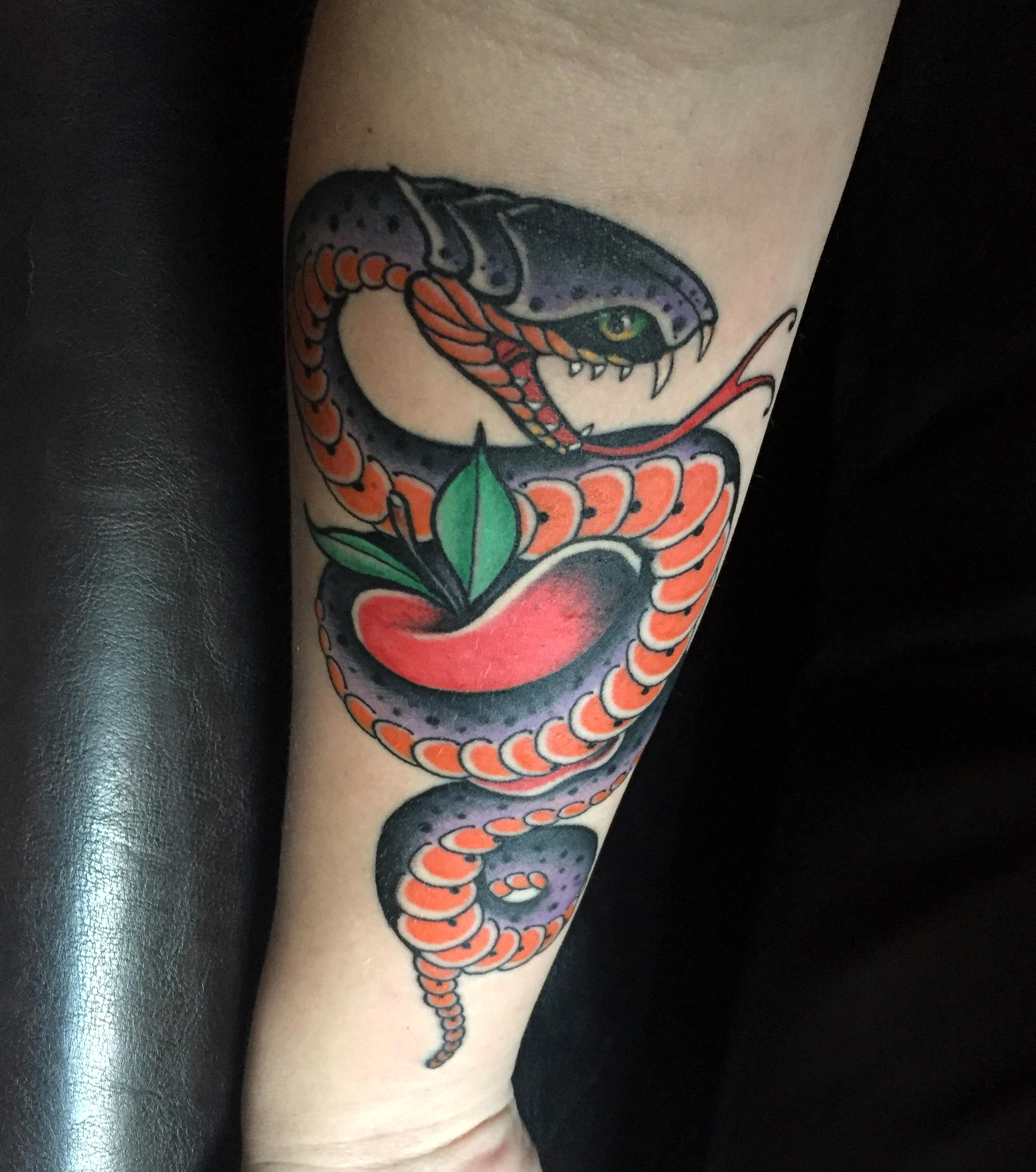 Snake Wrapped Around an Apple by Justin Norton of Saint Tattoo, Knoxville, ...