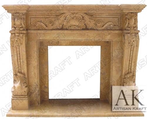 A French marble fireplaces design. One of our many French marble fireplaces. Beautiful light caramel marble fireplace with hand crafted leaf and medallion details. The marble mantle shelf has a very ornate design that is seen in the marble fireplaces legs. Hearth is made from the same marble as the rest of this marble fireplace mantel surround. Only the highest quality fireplaces are made by us. This is a historic French replica design. This mantel facing as well as others can be made custom.