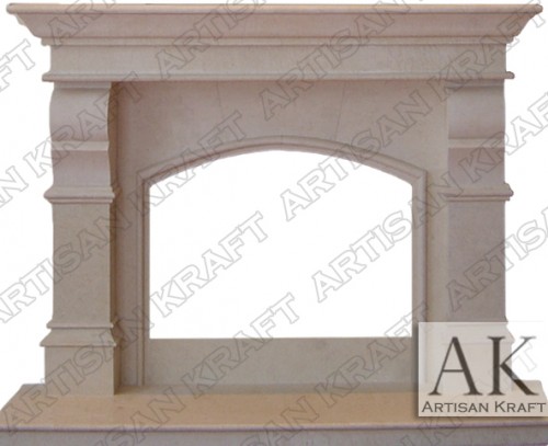 Metropolis marble fireplace in a creamy beige color. Arched opening above the firebox. Similar to the Winnetka style but the corbels have a trim one them.