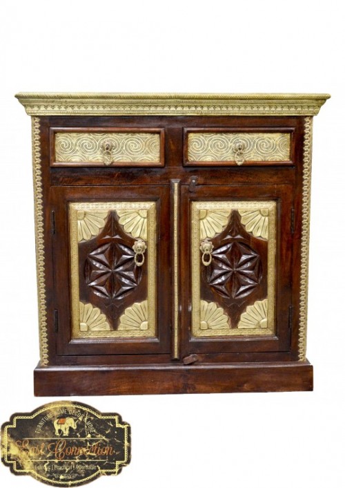 This Hand Pressed Brass Metal fitted Sideboard is beautifully hand made in India giving it a very distinct Indian/ Moroccan Look. Detail and Quality of workmanship really stands out on this piece. This would work as a very practical piece of furniture in any home with plenty of storage space and unmatched character.